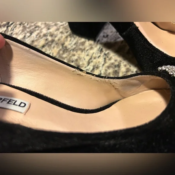 Karl Lagerfeld Women Adona Pump Sz 10M Black Velvet Block Heel Rhinestone Buckle